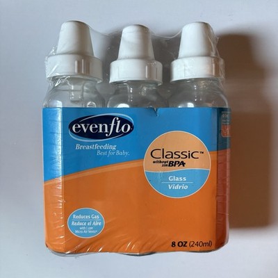 Evenflo Classic Glass 8oz Baby Bottles 3 Pack Brand New and Sealed Size 1 Nipple