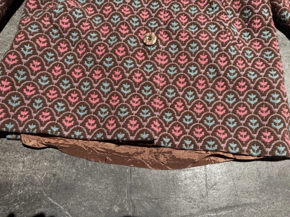 Vintage 1960s Mod European Virgin Wool Tapestry Pea Coat Hand Blocked Floral L - Image 2 of 4