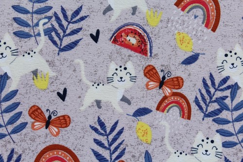 Baumwolle Jersey Stoff, Quality Textiles, Katzen, Helles Lila / Bunt, 147cm - Bild 4 von 4