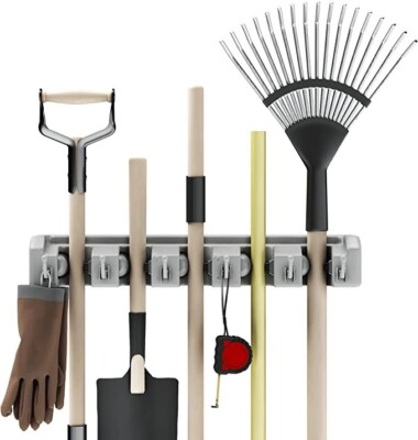 Broom Holder Shovel, Rake and Tool Holder with Hooks-Wall