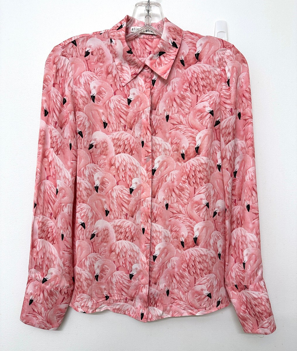 Alice + Olivia Willa Nathan Flamingo Print Pink Blouse Top Shirt