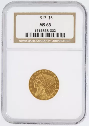 1913 Half Eagle NGC MS63 $5 Philadelphia Minted Indian Head Gold Coin