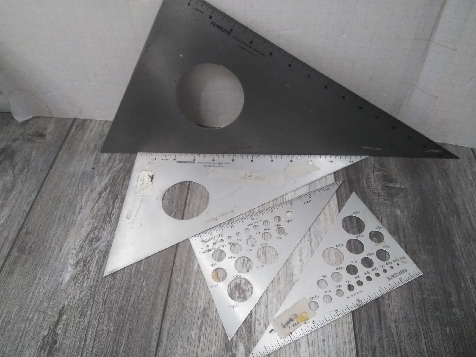 4- Fairgate  Aluminum drafting Triangle Rule W/ Circle  #'S  228-T, 222-T (2)..