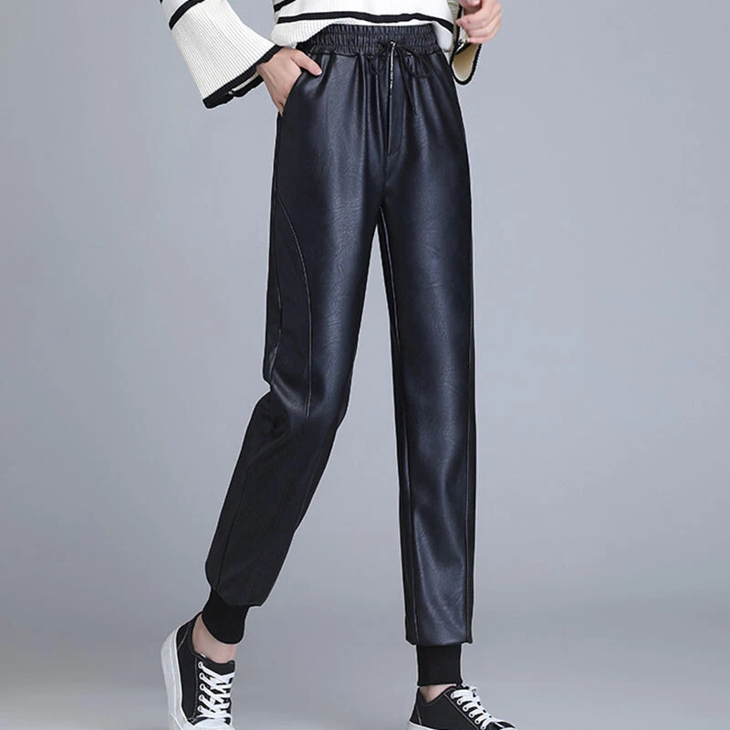 Femme Simili Cuir PU Pantalon Élastique Cordon Taille Poche Conique Souple - Photo 3/4