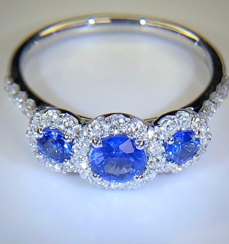 Blue Sapphire & Diamond Ring Trilogy Cluster Engagement in Platinum - Picture 4 of 12