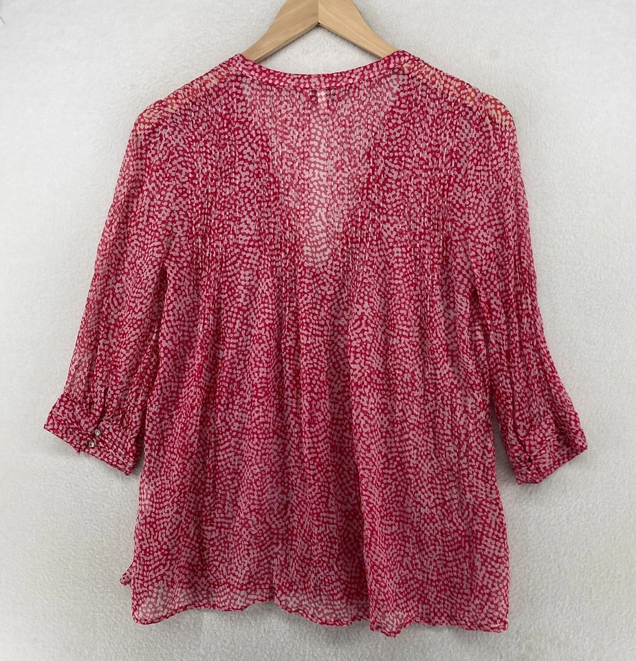 JOIE Top S Silk Chiffon Print Blouse Sheer Pintuck Button Front 3/4 Sleeve Pink - Image 3 of 4