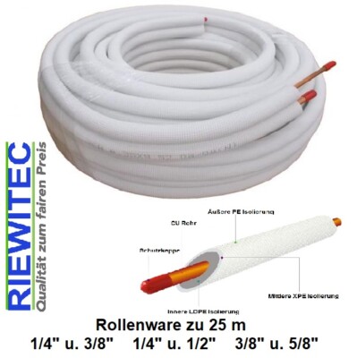 25 m hochwertige Kältemittelleitung Paar zu 1/4+3/8, 1/4+1/2, 3/8+5/8, CU 0,8mm