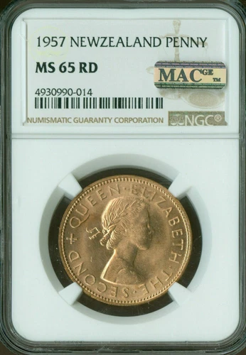 1957 NEW ZEALAND PENNY NGC MS65 RD PQ FINEST GRADE MAC SPOTLESS *