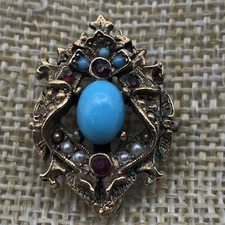 VTG Signed ART Faux Turquoise Pearl Pin Brooch Arthur Pepper Victorian revival 