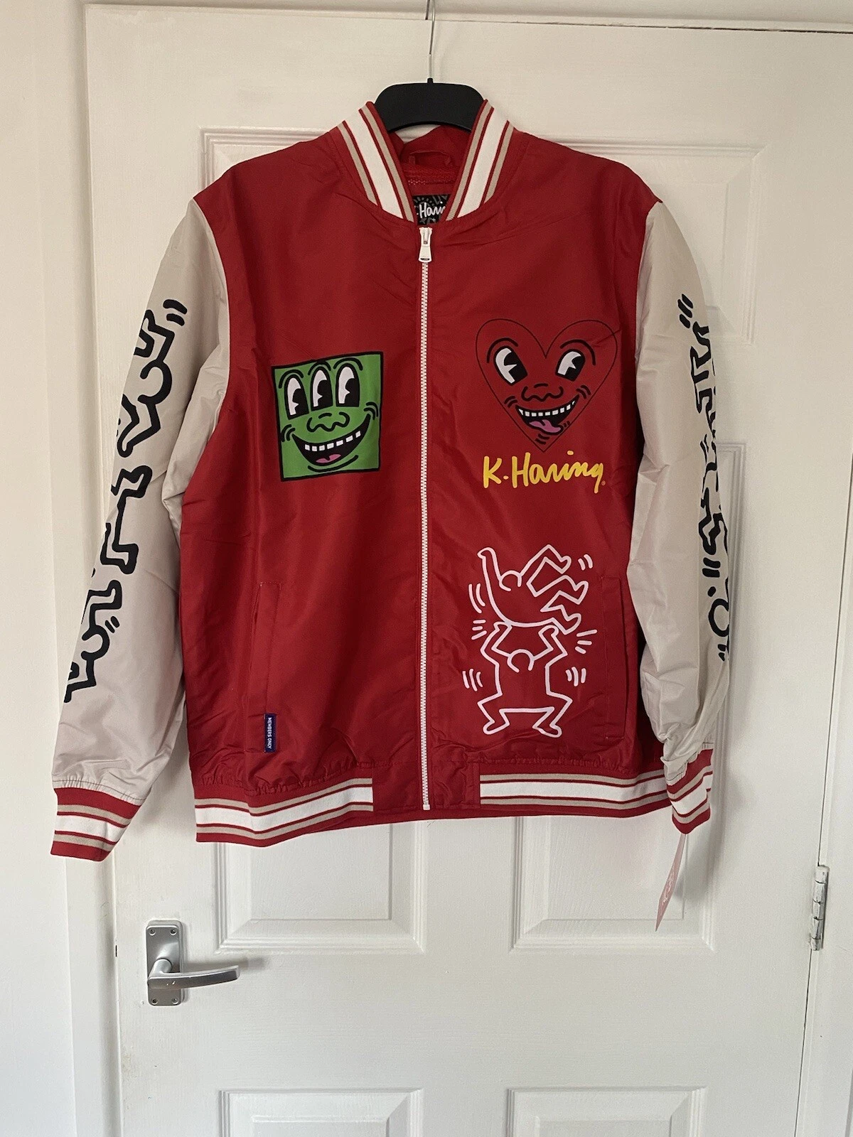 KEITH X HARING MEMBERS ONLY RED WINDBREAKER GRAPHIC DESIGN FULL ZIP JACKET L