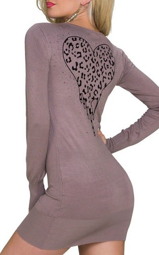 Sexy Femmes Long Pulli Tricot Robe Mini Strass Leo Cœur Dos 34/36/38 Braun - Photo 1 sur 4