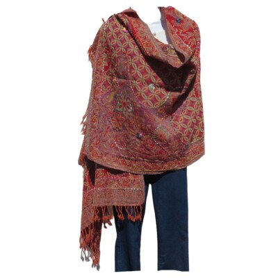 Shawl | Embroidery | Yak + Sheep Wool Blend | Stitched| Handmade | Rust & Amber