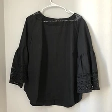 Lauren Ralph Lauren Women's Cotton Eyelet Poplin Black Blouse Bell Sleeve