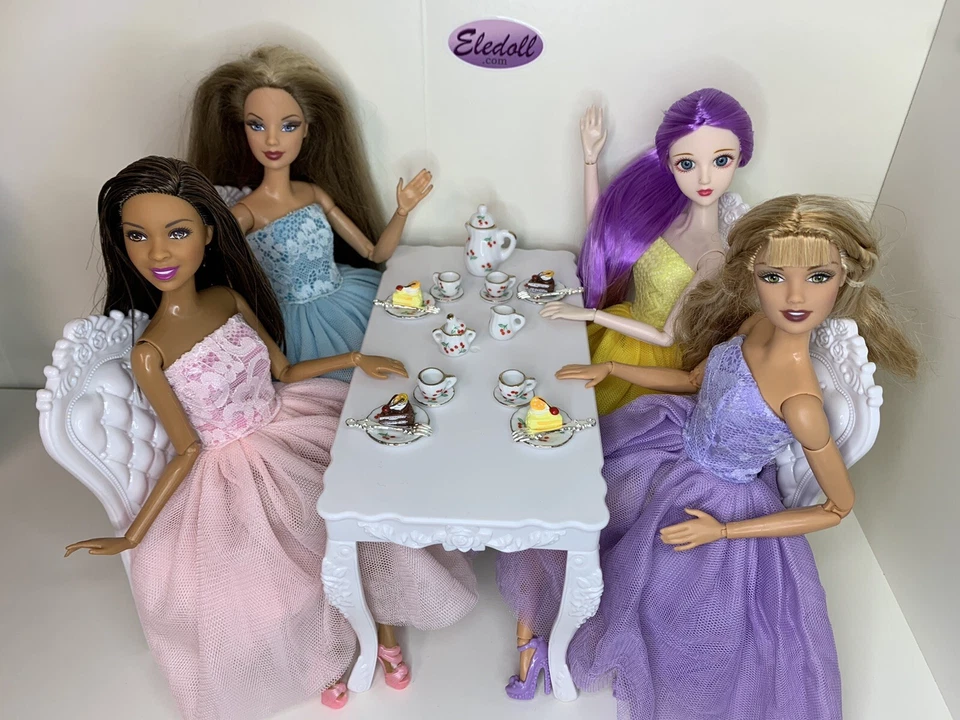 Eledoll 1:6 Dollhouse Dining Table & Chairs with Tea Set For 11.5" Fashion Doll - Image 4 of 4