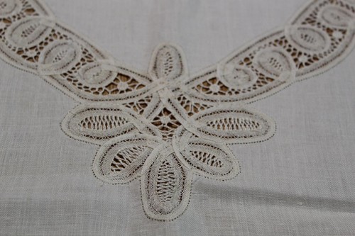 Vintage Tischdecke Leinen und 4 Servietten Ecru gewellt offene Spitzenkanten Deko - Bild 3 von 9