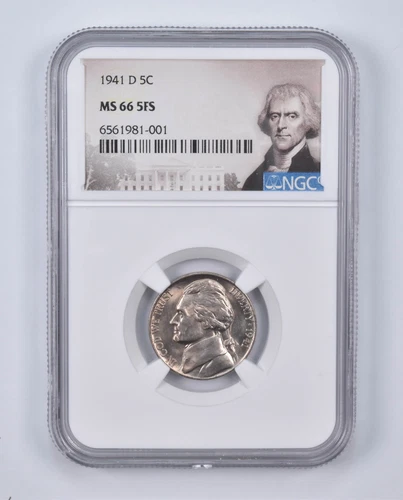 1941-D MS66 5FS Jefferson Nickel Graded NGC Special Lbl