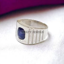 Blue Sapphire Cushion Cut Gemstone With 925 Sterling Silver Ring For Men's #285