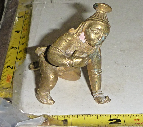 Antigua estatuilla grabada de latón/bronce dios hindú bebé Krishna - India ~2x2" - Imagen 10 de 11
