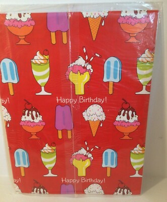 NOS 1980's Vintage Gift Wrap Paper Happy Birthday Ice Cream Sundae Cone Popsicle