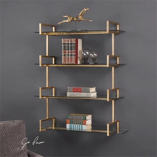 Uttermost Auley Contemporary Iron and Tempered Glass Wall Shelf in Gold - Picture 2 of 3