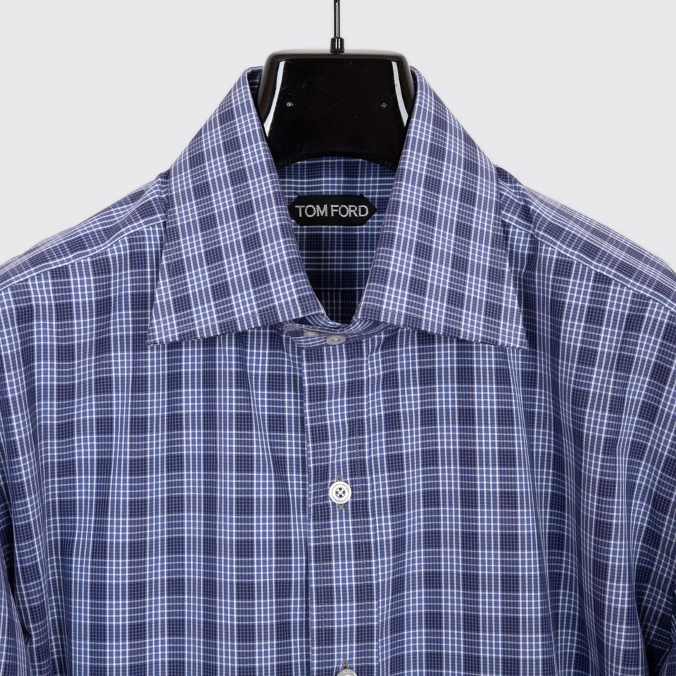 Camisa social TOM FORD 45cm azul marinho xadrez algodão feita na Itália - Imagem 2 de 4