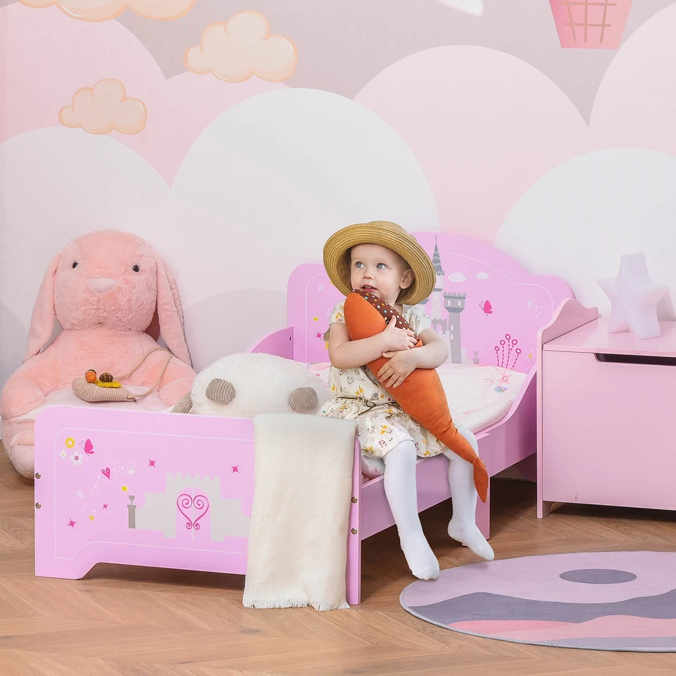 HOMCOM Letto per Bambini con Bordi in Legno Età 3-6 Anni 143x73x60cm Rosa - Immagine 2 di 4