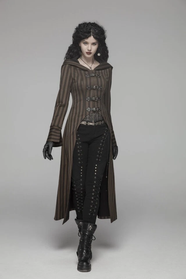 Abrigo largo steampunk de lujo con capucha a rayas Foto 3 de 4