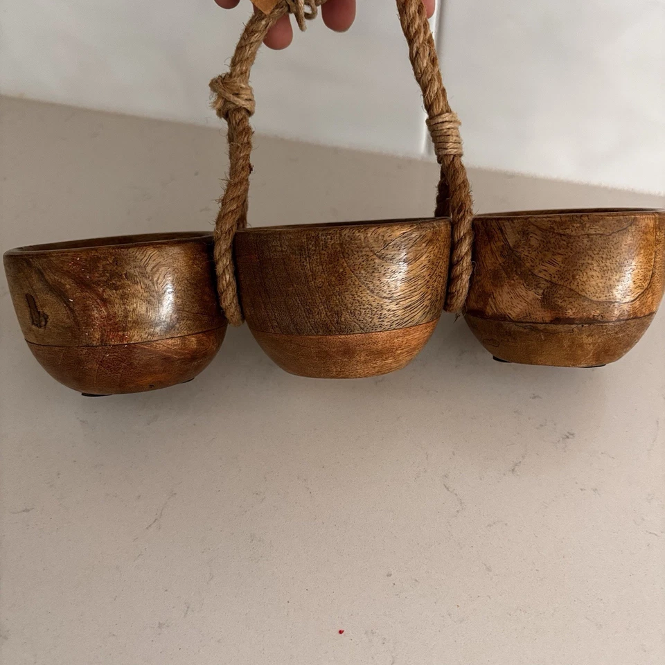 Torta de lama de madeira tripla imersão para servidor tigelas de condimento com cabo de corda nova - Imagem 3 de 4