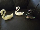 Set Of Three Vintage Fenton Swans White One Is Handpained And Signed