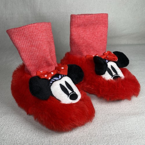Disney Baby Minnie Mouse Slippers Red Roll Top Size 12-18 Months Rubber Soles