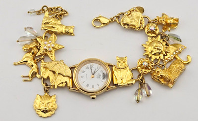 Kirk's Folly Raining Cats/Dogs Charm Bracelet Watch Vintage Goldtone K46Y