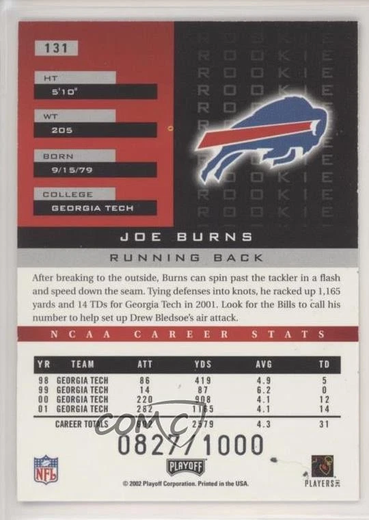 2002 Playoff Honors Rookie /1000 Joe Burns #131 Rookie RC - Image 2 of 2