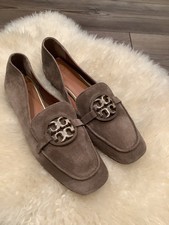 TORY BURCH Women's Metal Miller US8M Taupe Suede Medallion Logo Loafer Flats