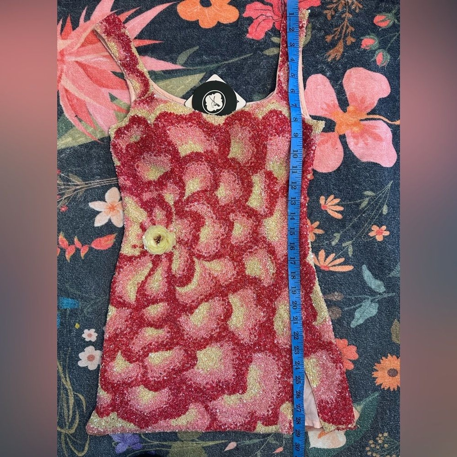 LA FUORI Sunset Rose Dress in Rose Ombre sequins mini beaded embellished floral