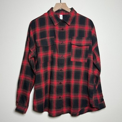 Blooming Jelly Womens Plaid Button Up Shirt S Red Black Oversized Shacket Cabin