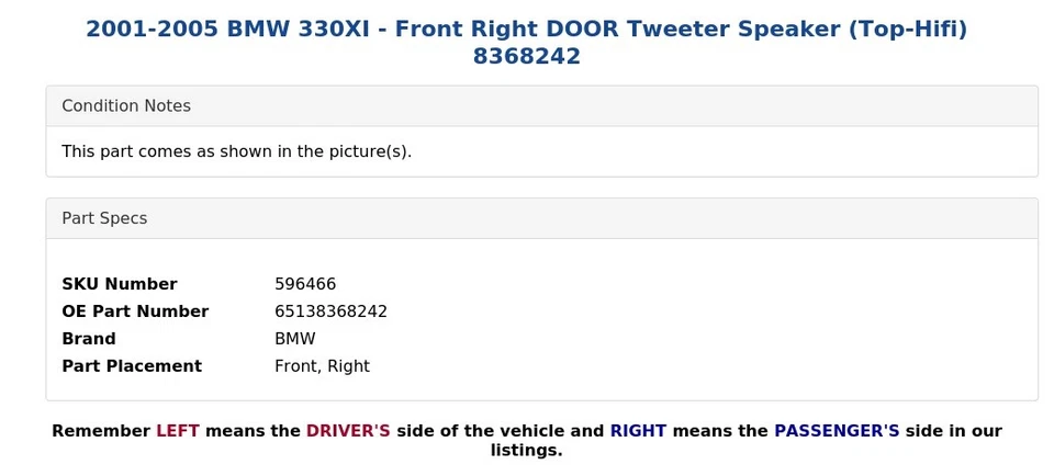 BMW 330XI 2001-2005 - Altavoz tweeter puerta delantera derecha (alta alta fidelidad) 8368242 Foto 4 de 4