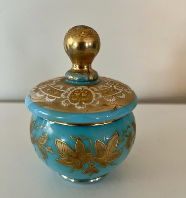Opaline Antique French Or Bohemian Blue Gold Glass Vanity Trinket Jar Box 3.5 