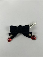 Black Velvet Hair Bow Clip w/ Red Heart Dangle Charms Gothic Cute NEW
