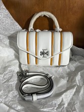 Tory Burch Mini Kira Bombe Stripe Top Handle Bag Blanc/Orange Citrine 145805 NWT