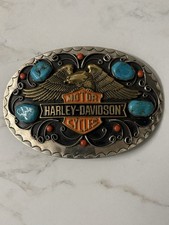 RARE 70s VINTAGE HARLEY DAVIDSON TURQUOISE CORAL EAGLE BELT BUCKLE 6  X 4    LQQK
