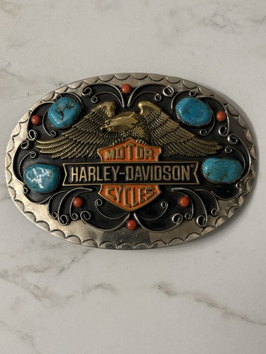 RARE 70s VINTAGE HARLEY DAVIDSON TURQUOISE CORAL EAGLE BELT BUCKLE 6”X 4”👀LQQK