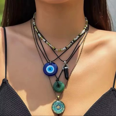 5pcs Set Necklaces Gemstone Jade Chains Glass Beads Necklace Surfer Chain Nazar