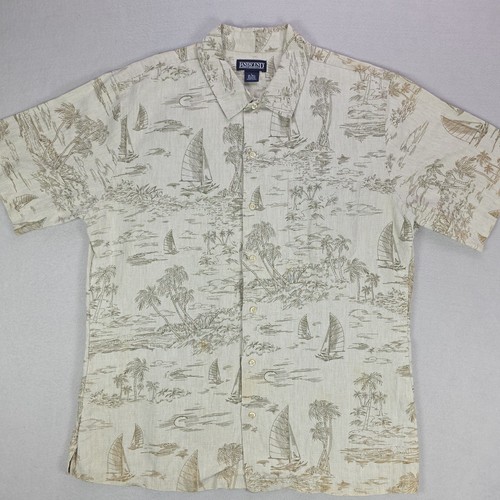 Vintage Lands End Hawaiihemd Herren Große 16-16,5 Beige Palmen Boote AOP - Bild 4 von 15