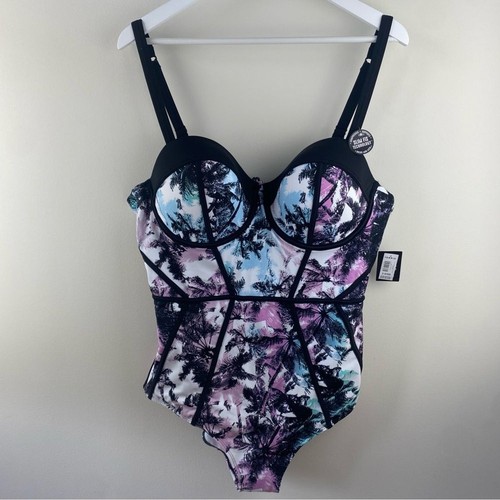 Torrid Black and Pastel Palm Tree Print One Piece Swimsuit Size 2X Cup D-DD - Picture 5 of 11