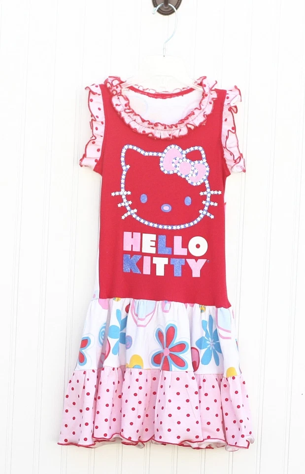 NUEVO Vestido Personalizado Boutique HELLO KITTY Vestido Volantes Tanque Floral Upcycle 5 6 7 Foto 2 de 4