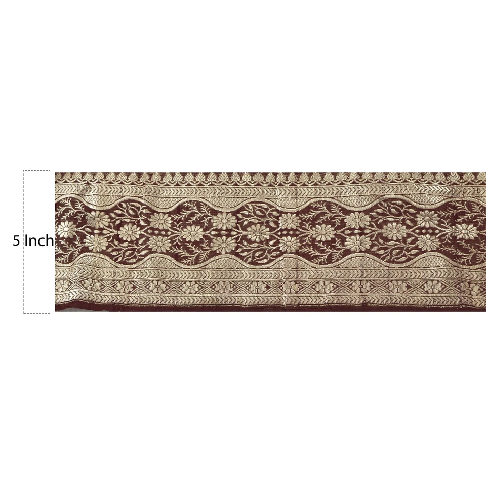 Brocado tecido antigo borda sari sânscrito vintage acabamento 1 jarda costura artesanal marrom - Imagem 4 de 4