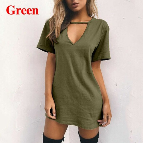 Sommer T-Shirt locker V-Ausschnitt hohl Kurzarm T-Shirt Kleid Tops Mode Damen - Bild 10 von 22
