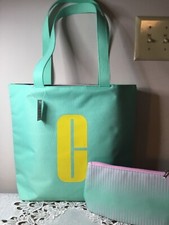 CLINIQUE TOTE, BEACH, SHOPPING BAG REVERSIBLE AQUA  & coordinating makeup bag