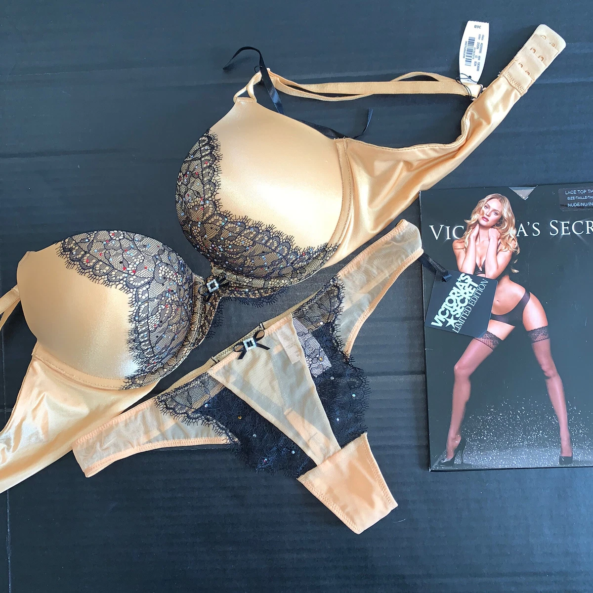 Victoria's Secret 34B BOMBSHELL BRA SET M thong GOLD black lace FASHION SHOW