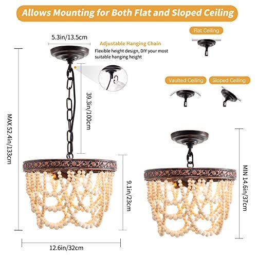 3Light Wood Bead Chandelier, Boho Light Fixture with Engraving Red